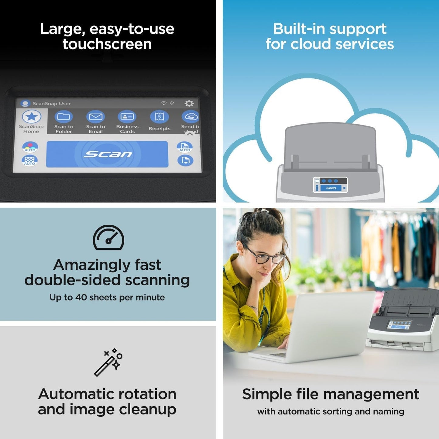 Ix1600 Photo and Document Scanner, Wireless or USB, High - Speed, Cloud Enabled, Large Touchscreen, Auto Document Feeder, Mac or PC, White - Byte & Boltb55a3156 - 228e - 451f - 87c5 - 0c8a6927ac067445027454451Scansnap Ix1600 White Photos DocumentsIx1600 Photo and Document Scanner, Wireless or USB, High - Speed, Cloud Enabled, Large Touchscreen, Auto Document Feeder, Mac or PC, White